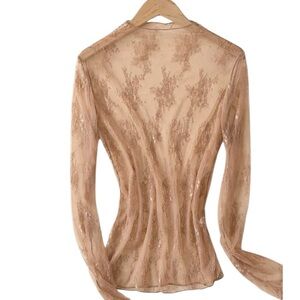 Coffee Color High Neck Sheer Lace/Mesh Embroidered Long Sleeve